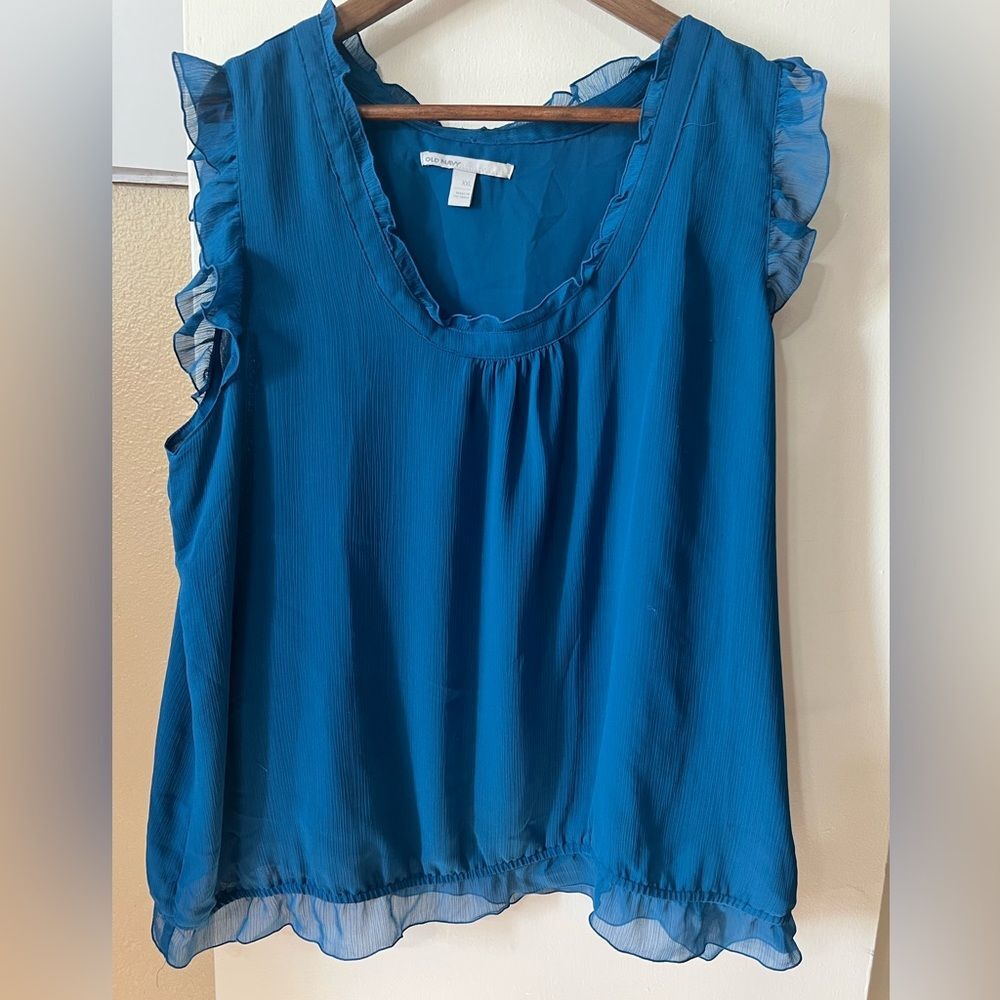 Old Navy Vintage Teal Ruffle Blouse SzXXL Chic Feminine Classic Minimalist